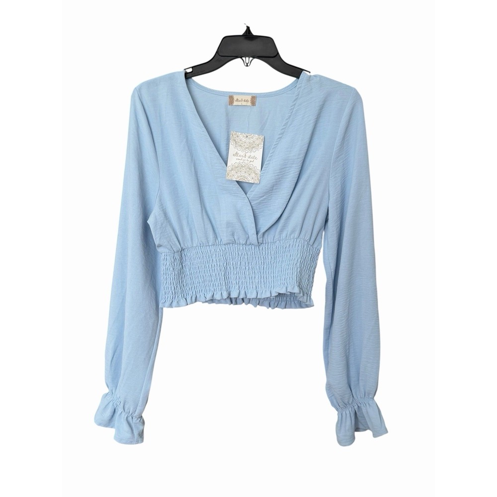 Altar'd State Top Women's Large Dusty Blue Cropped Smocked Ruffle Cuffs AA4-1